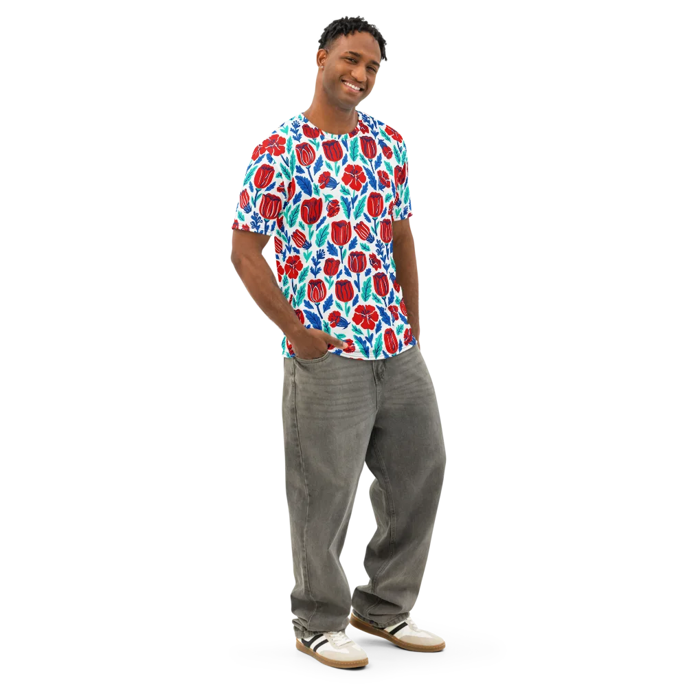 Crimson Garden on Men's Cotton Crew Neck T-Shirt — Right Front