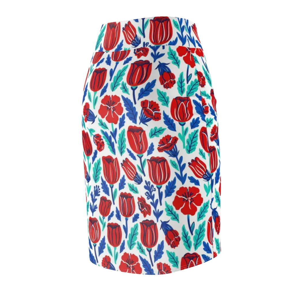 Crimson Garden on Pencil Skirt — Back Side