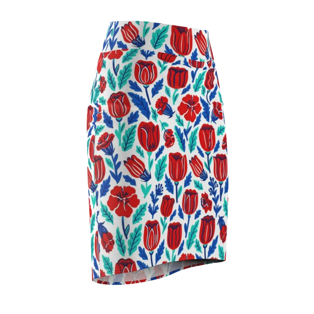 Crimson Garden on Pencil Skirt — Front Side