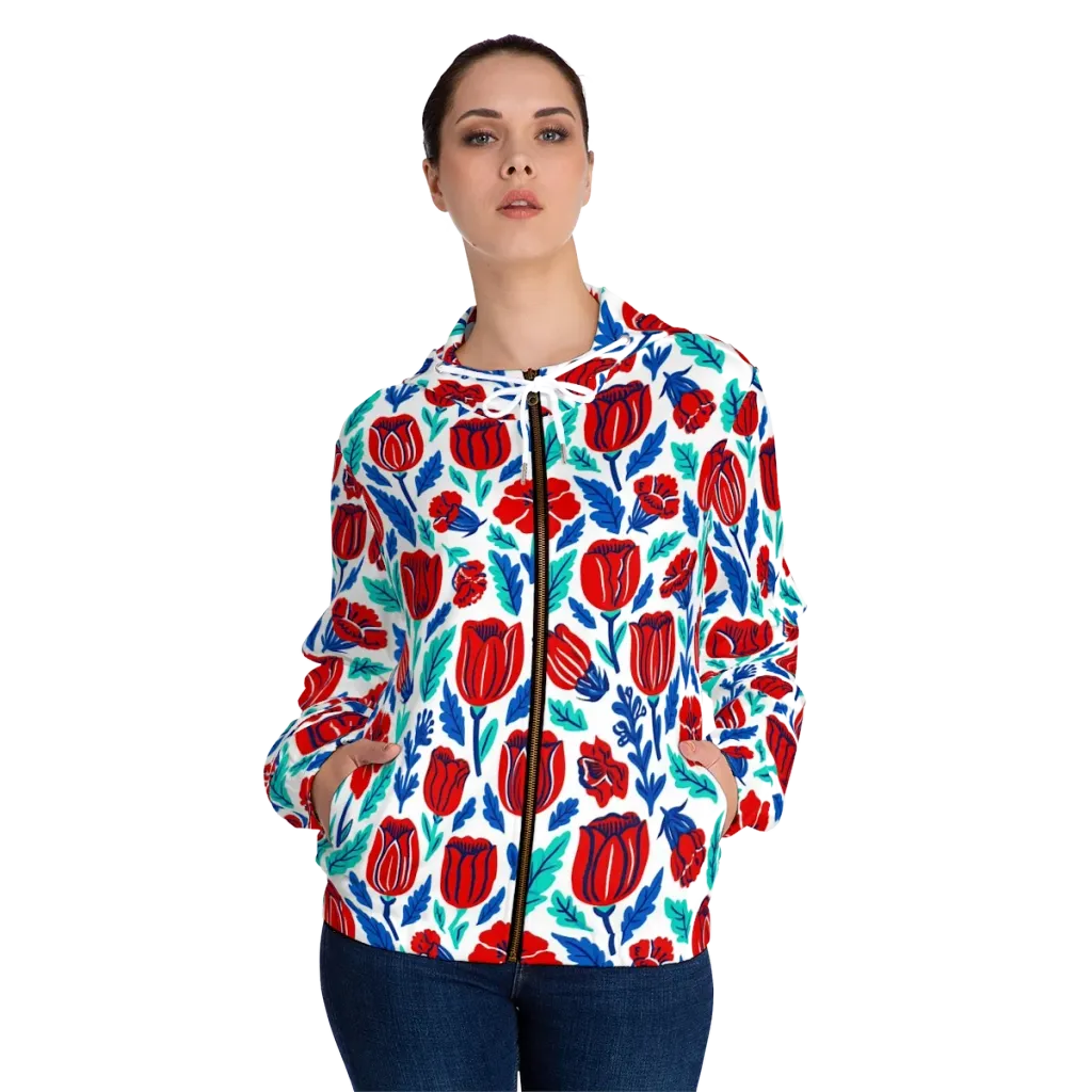 Crimson Garden on Women's Full-Zip Hoodie — Front On Person