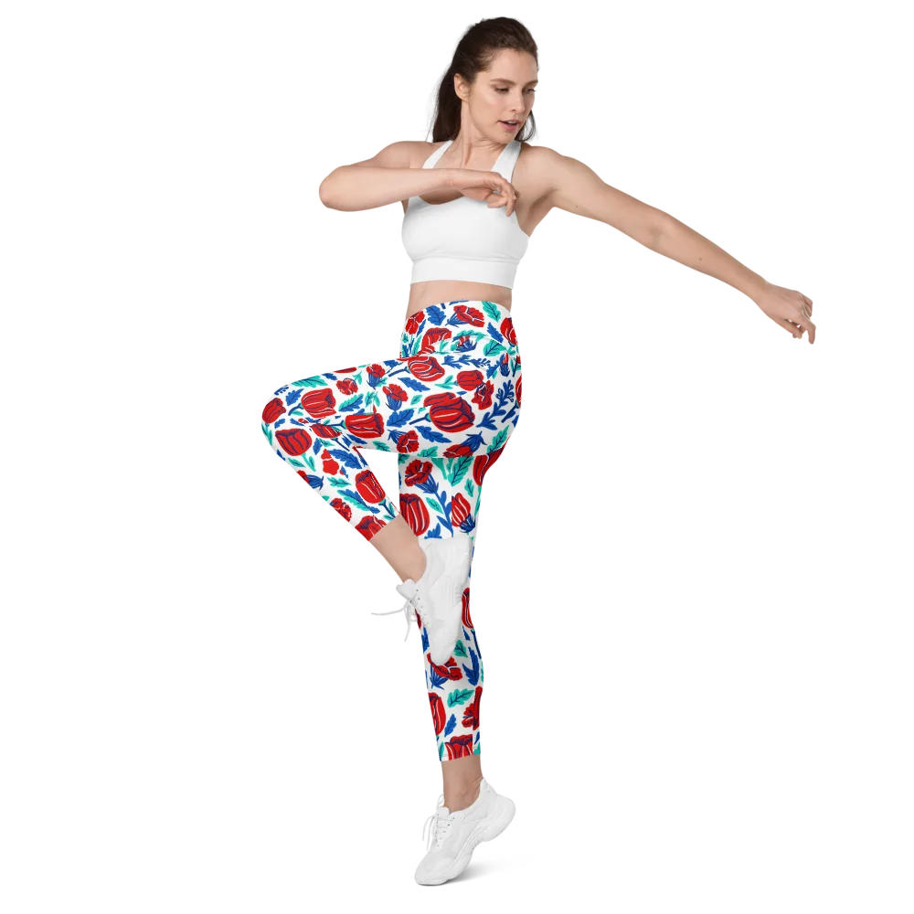 Crimson Garden on Leggings with Pockets — Left Front