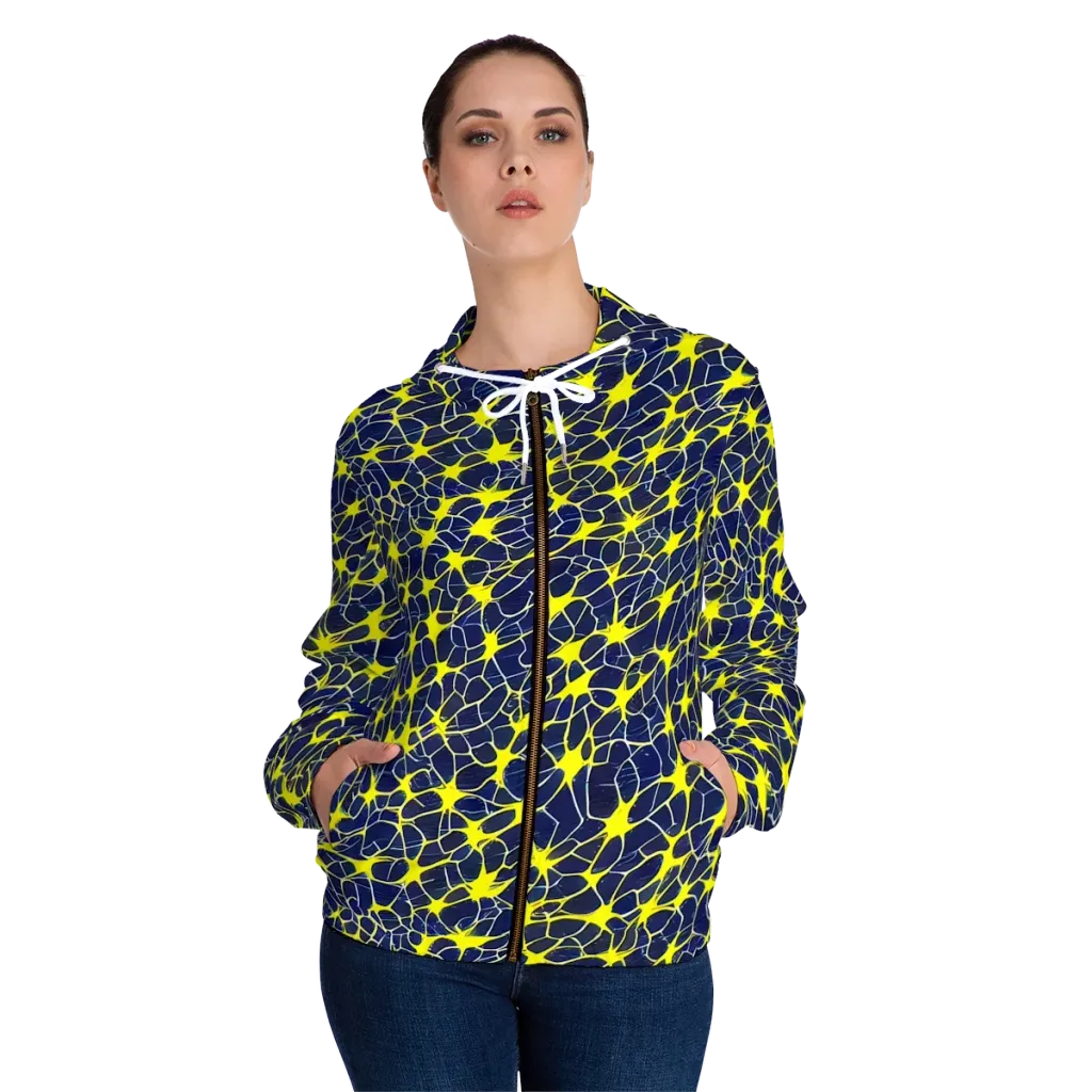 Neon Neural Network on Women's Full-Zip Hoodie — Front On Person