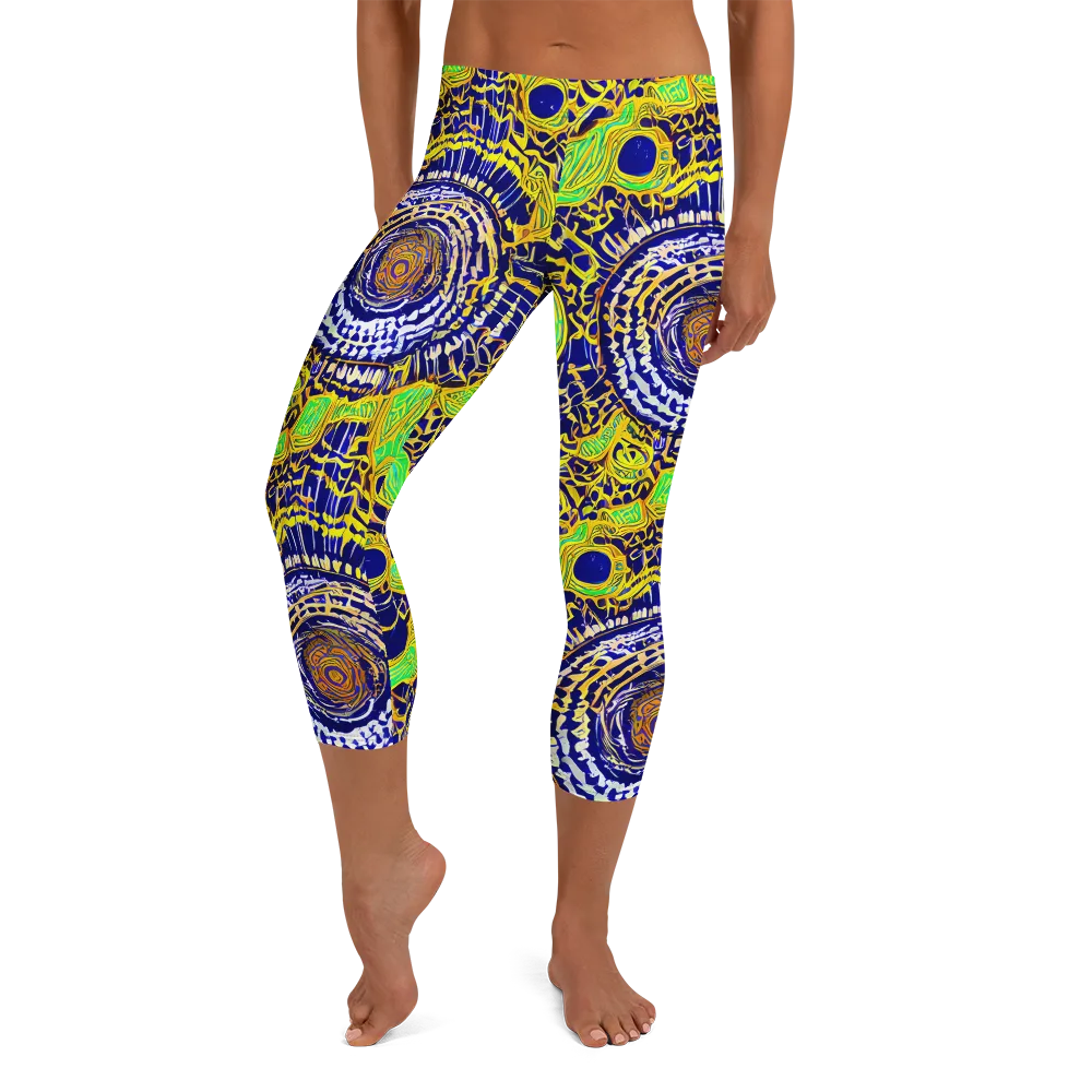 Cobalt Plumage on Capri Leggings — Front