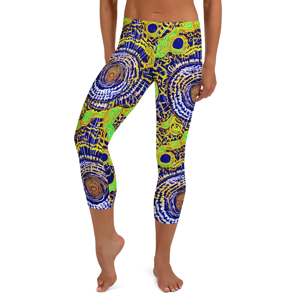 Cobalt Plumage on Capri Leggings — Front