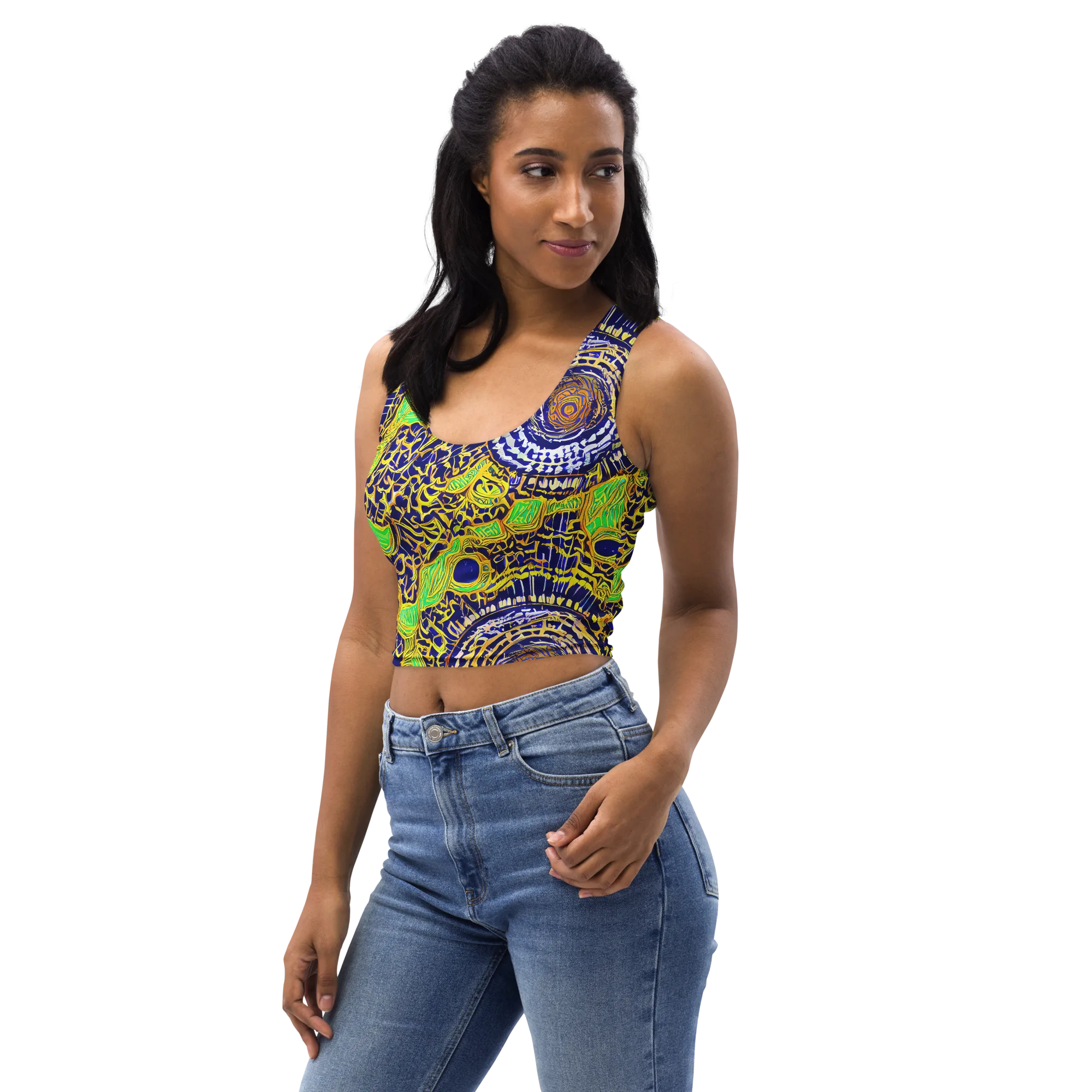 Cobalt Plumage on Crop Top — Left Front