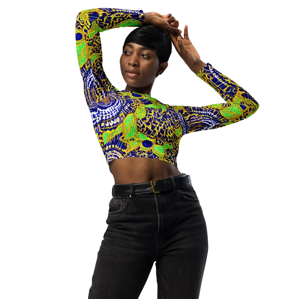 Cobalt Plumage on Long Sleeve Crop Top — Front
