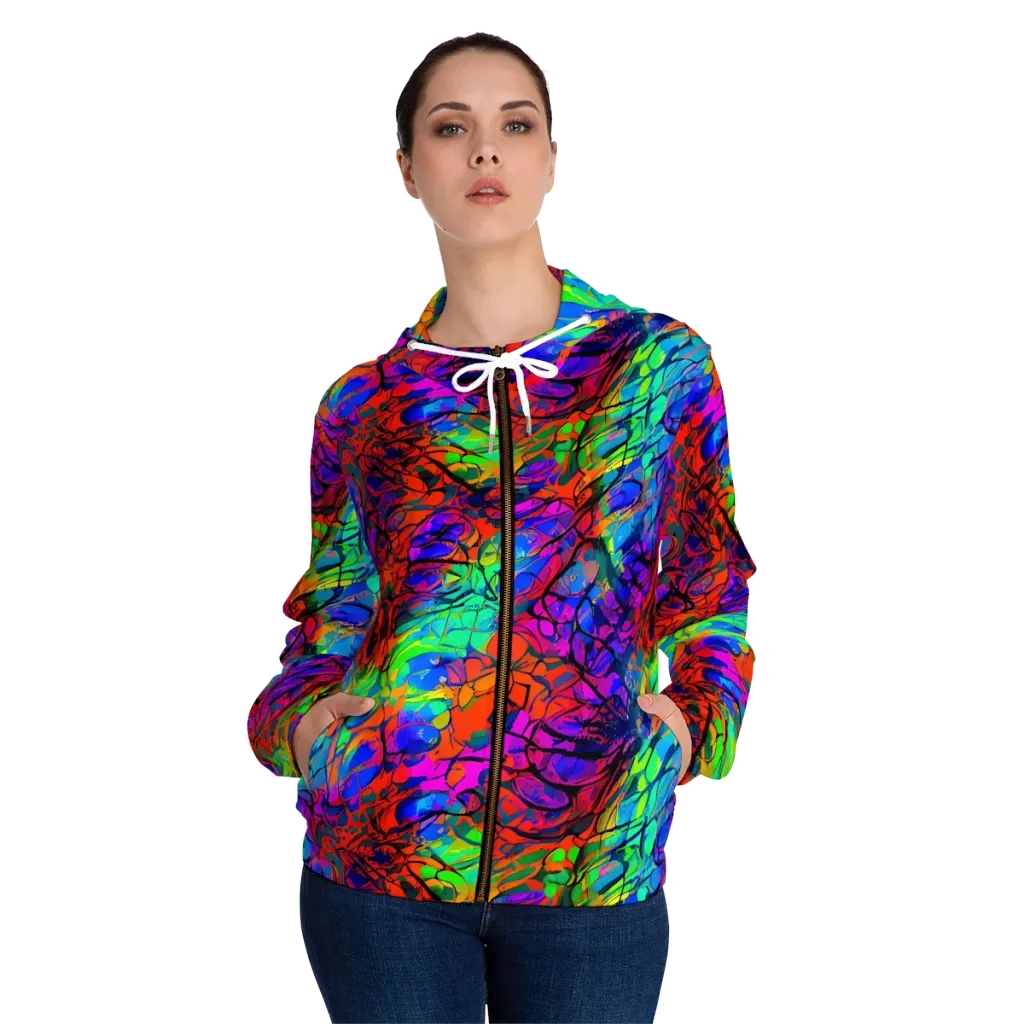 Fluorescent Reverie on Women's Full-Zip Hoodie — Front On Person