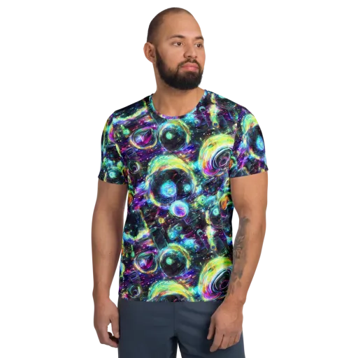 Iridescent Gravity on a Men's Athletic T-Shirt