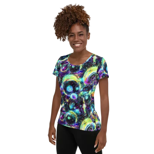 Iridescent Gravity on a Women's Athletic T-Shirt