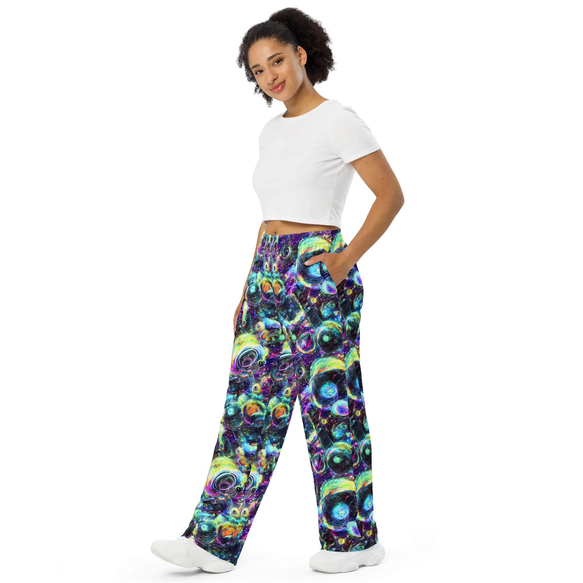Iridescent Gravity on Wide-Leg Pants — Left Front