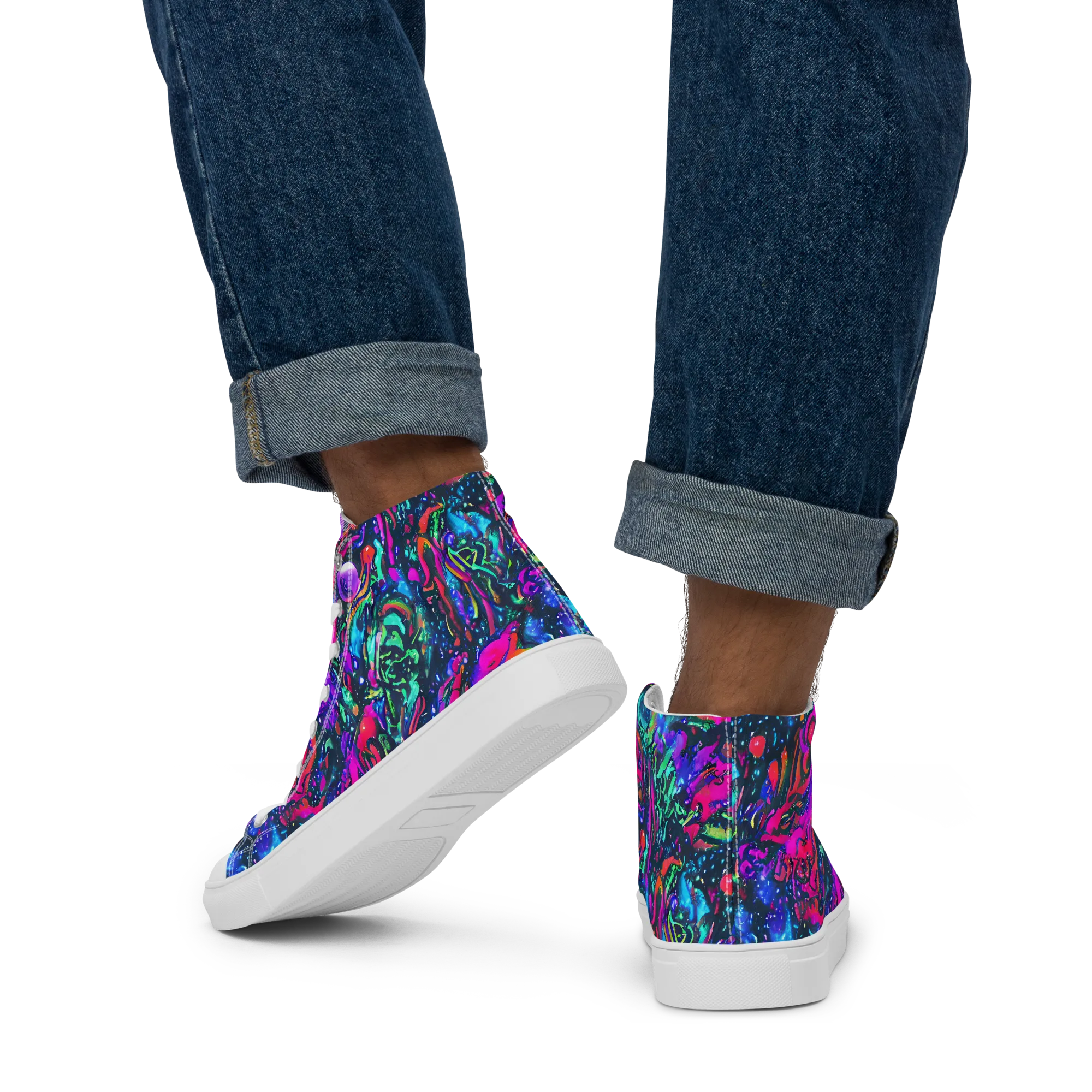 Cosmic Colorstorm on Men's High Top Canvas Shoes — Back