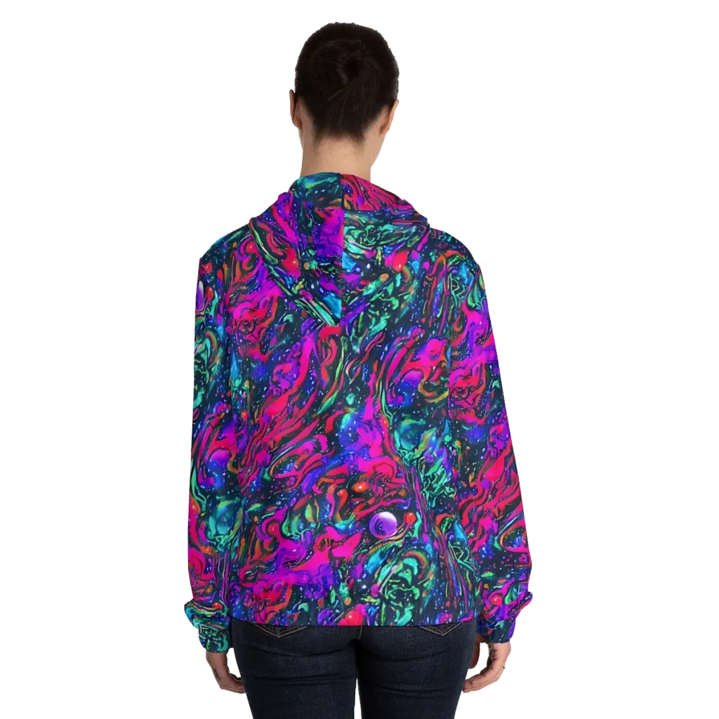 Cosmic Colorstorm on Women's Full-Zip Hoodie — Back On Person