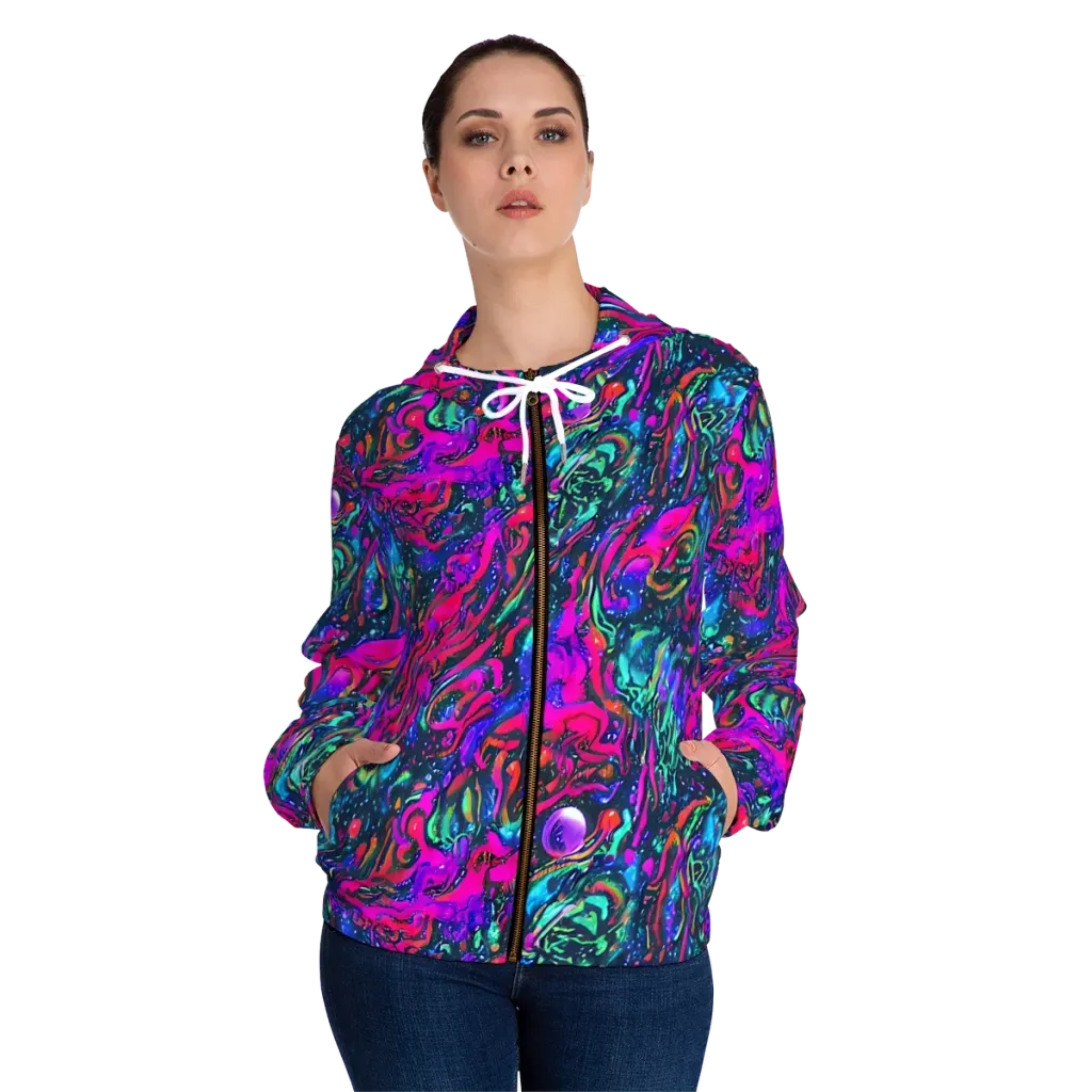 Cosmic Colorstorm on Women's Full-Zip Hoodie — Front On Person