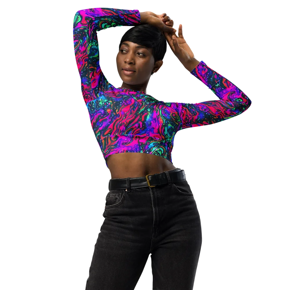 Cosmic Colorstorm on Long Sleeve Crop Top — Front