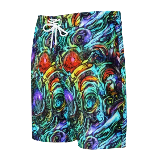 Iridescent Chaos on a Men's Board Shorts