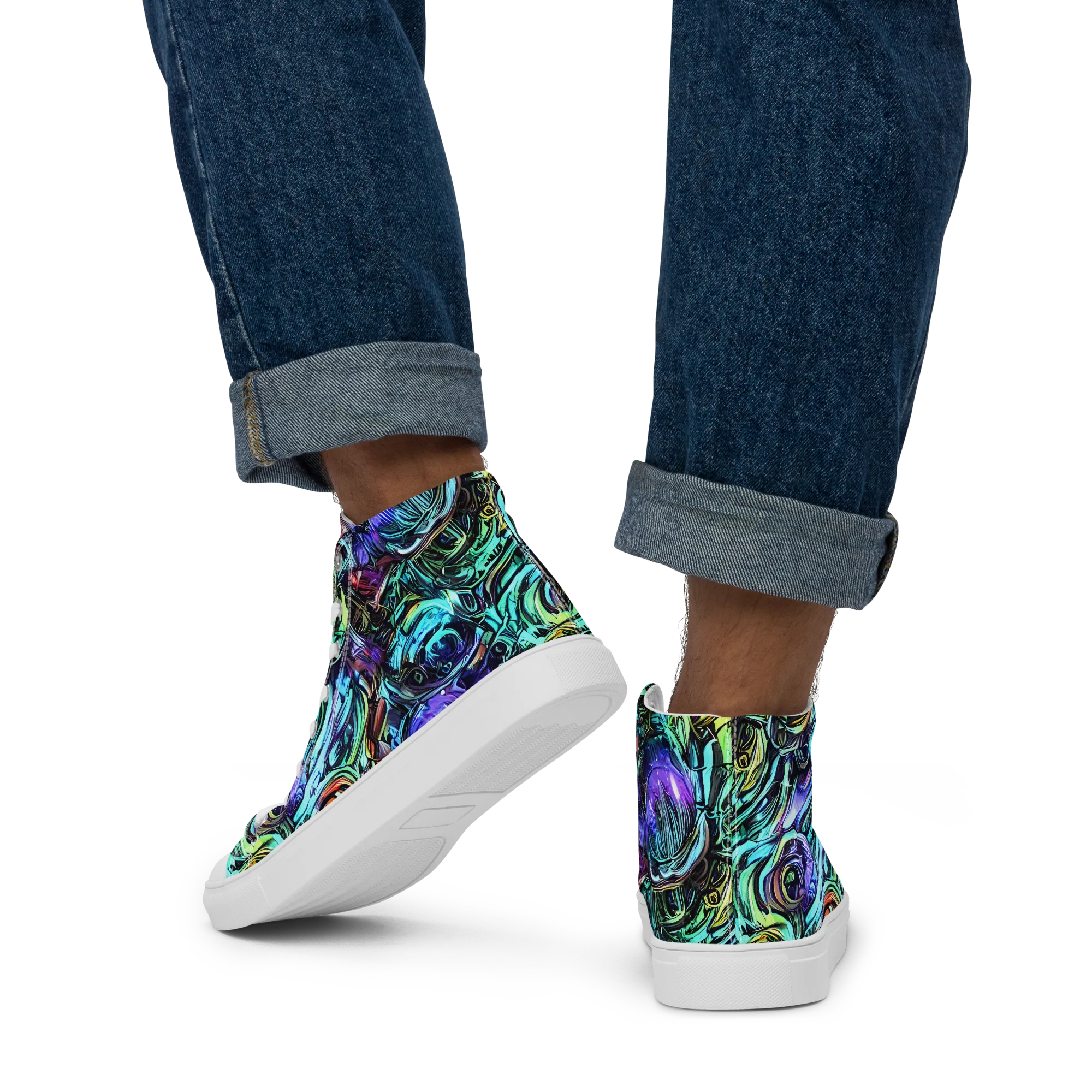 Iridescent Chaos on Men's High Top Canvas Shoes — Back