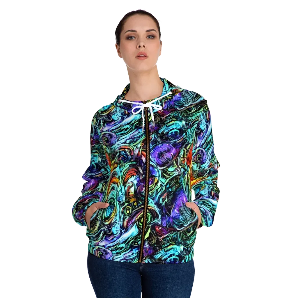 Iridescent Chaos on Women's Full-Zip Hoodie — Front On Person