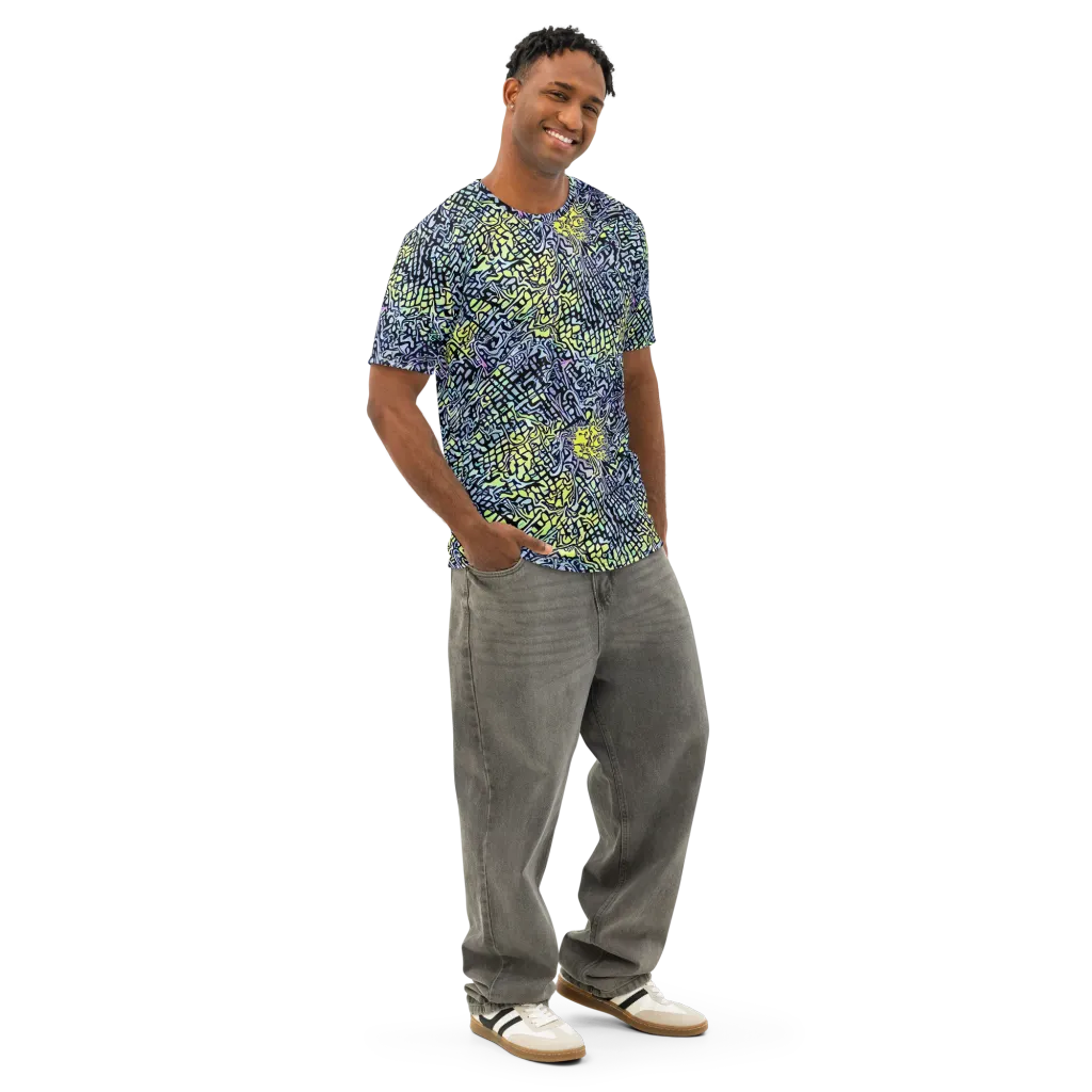 Ultraviolet Grid on Men's Cotton Crew Neck T-Shirt — Right Front
