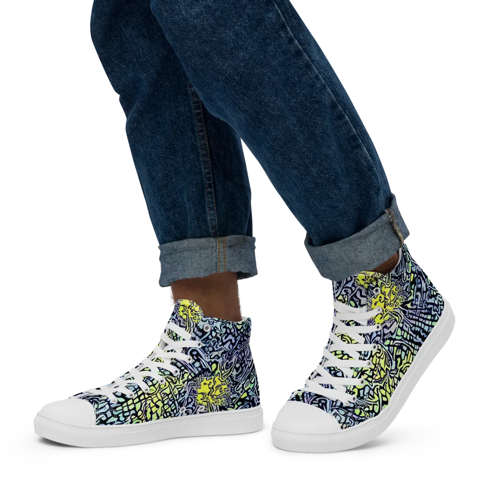 Ultraviolet Grid on Men's High Top Canvas Shoes — Left