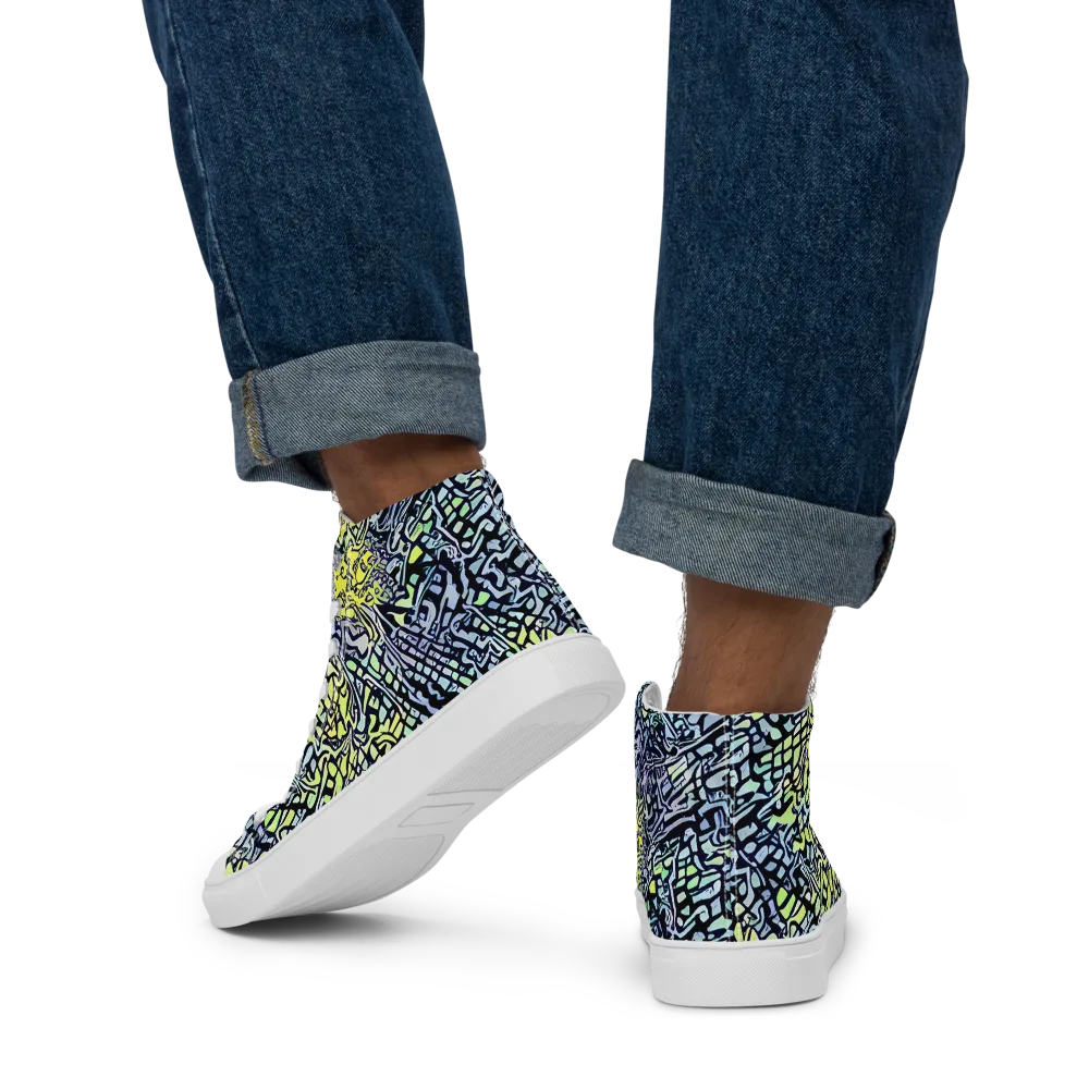 Ultraviolet Grid on Men's High Top Canvas Shoes — Back