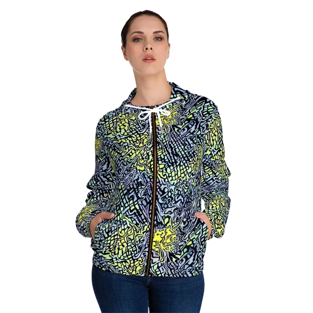Ultraviolet Grid on Women's Full-Zip Hoodie — Front On Person
