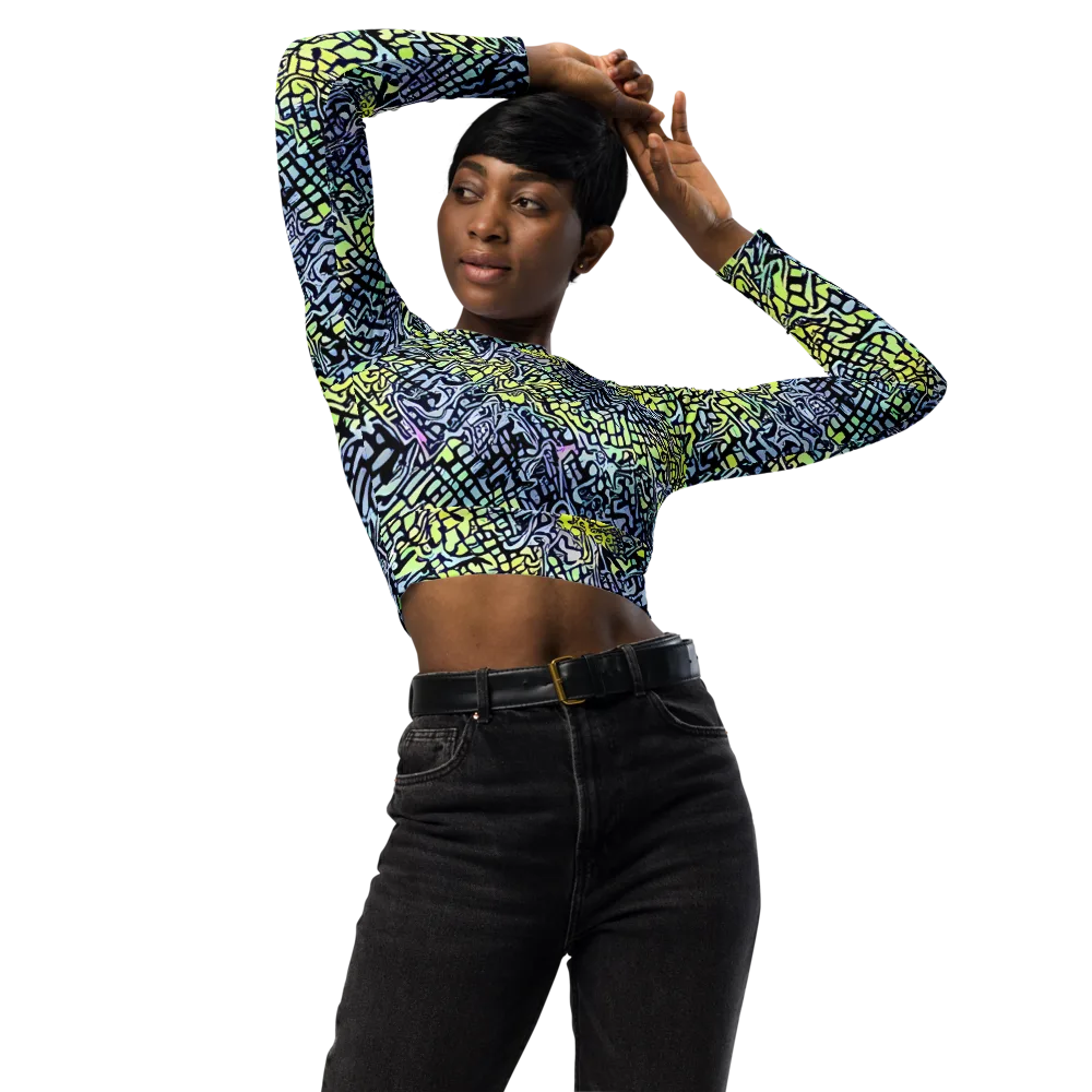 Ultraviolet Grid on Long Sleeve Crop Top — Front
