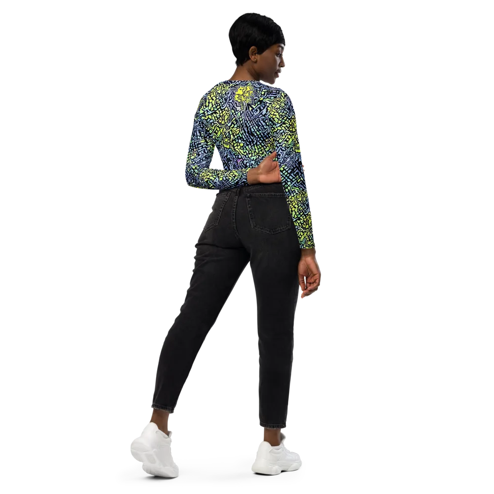 Ultraviolet Grid on Long Sleeve Crop Top — Right Back
