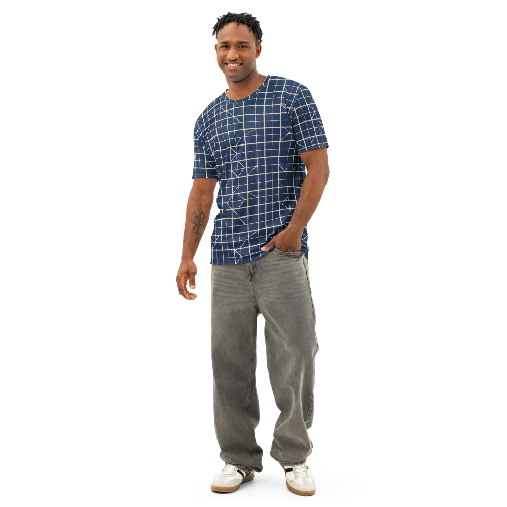 Indigo Lattice on Men's Cotton Crew Neck T-Shirt — Front