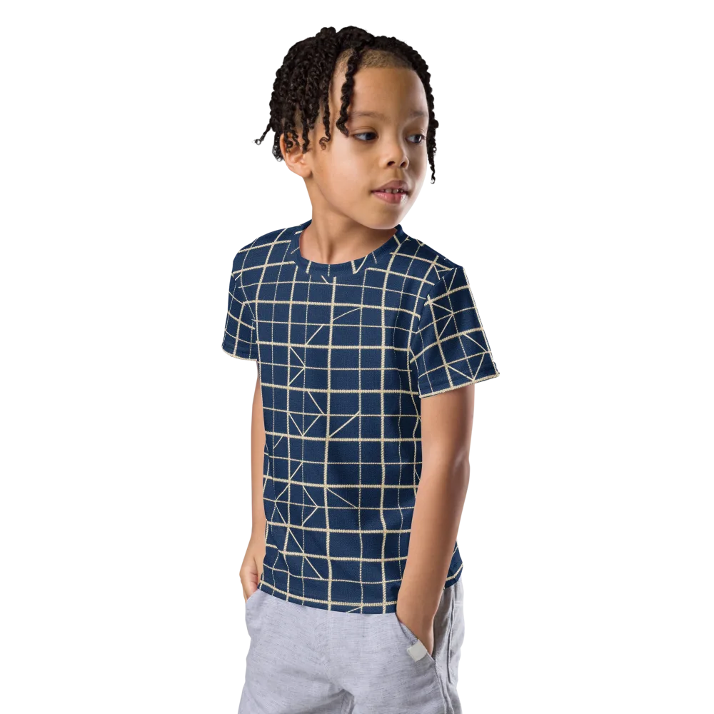 Indigo Lattice on Kids Crew Neck T-Shirt — Left Front