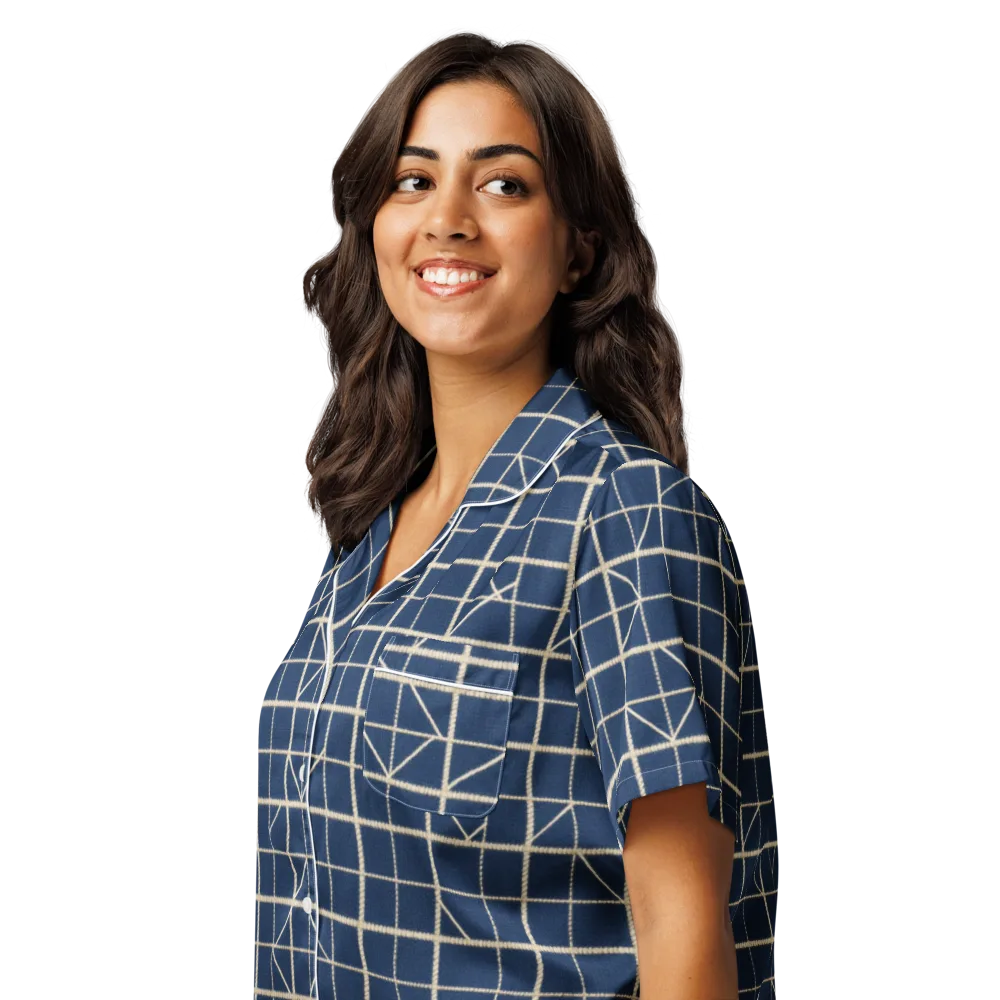 Indigo Lattice on Women's Short Sleeve Pajama Top — Left Front