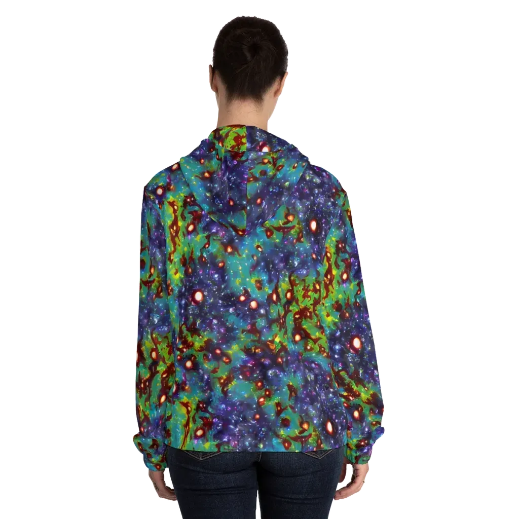 Bioluminescent Wilds on Women's Full-Zip Hoodie — Back On Person
