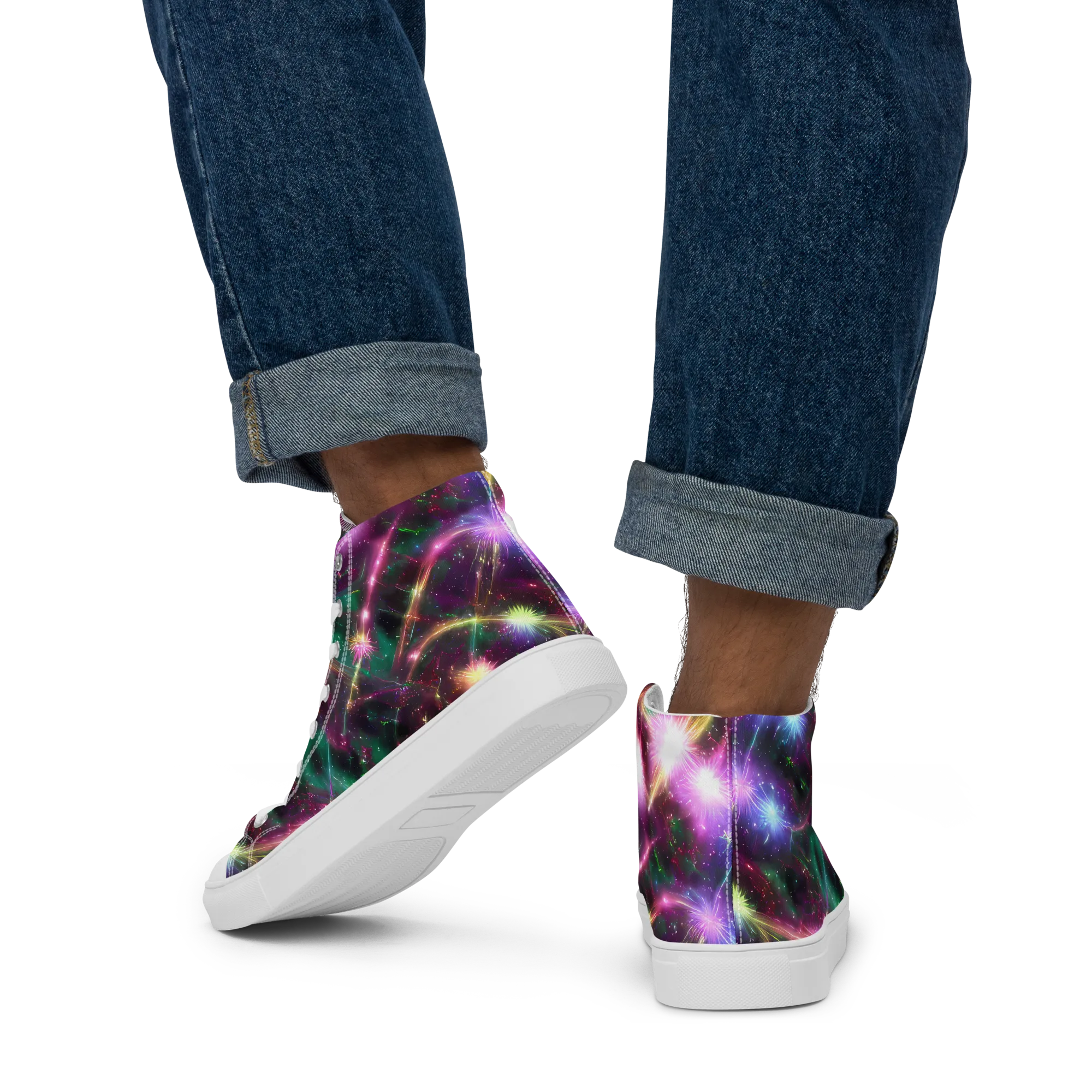 Astral Fireworks on Men's High Top Canvas Shoes — Back