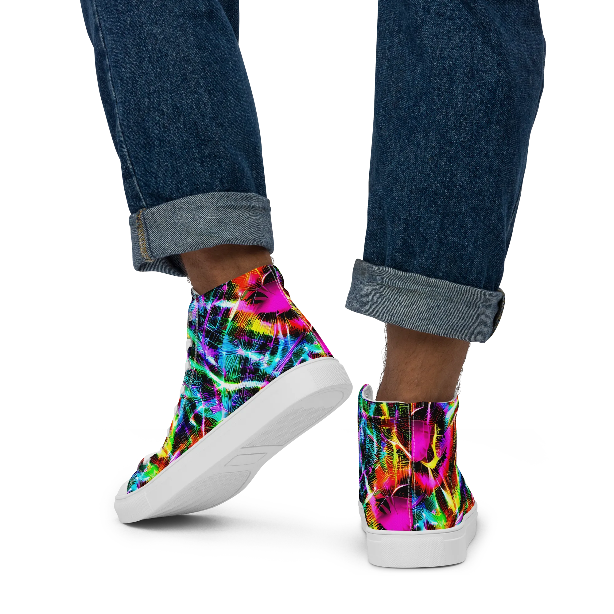 Cyber Kaleidoscope on Men's High Top Canvas Shoes — Back