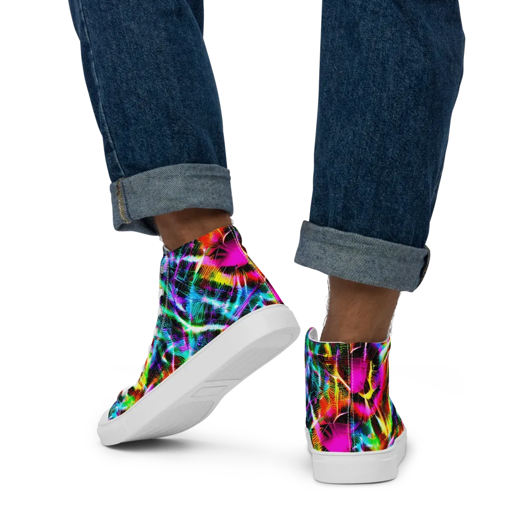 Cyber Kaleidoscope on Men's High Top Canvas Shoes — Back