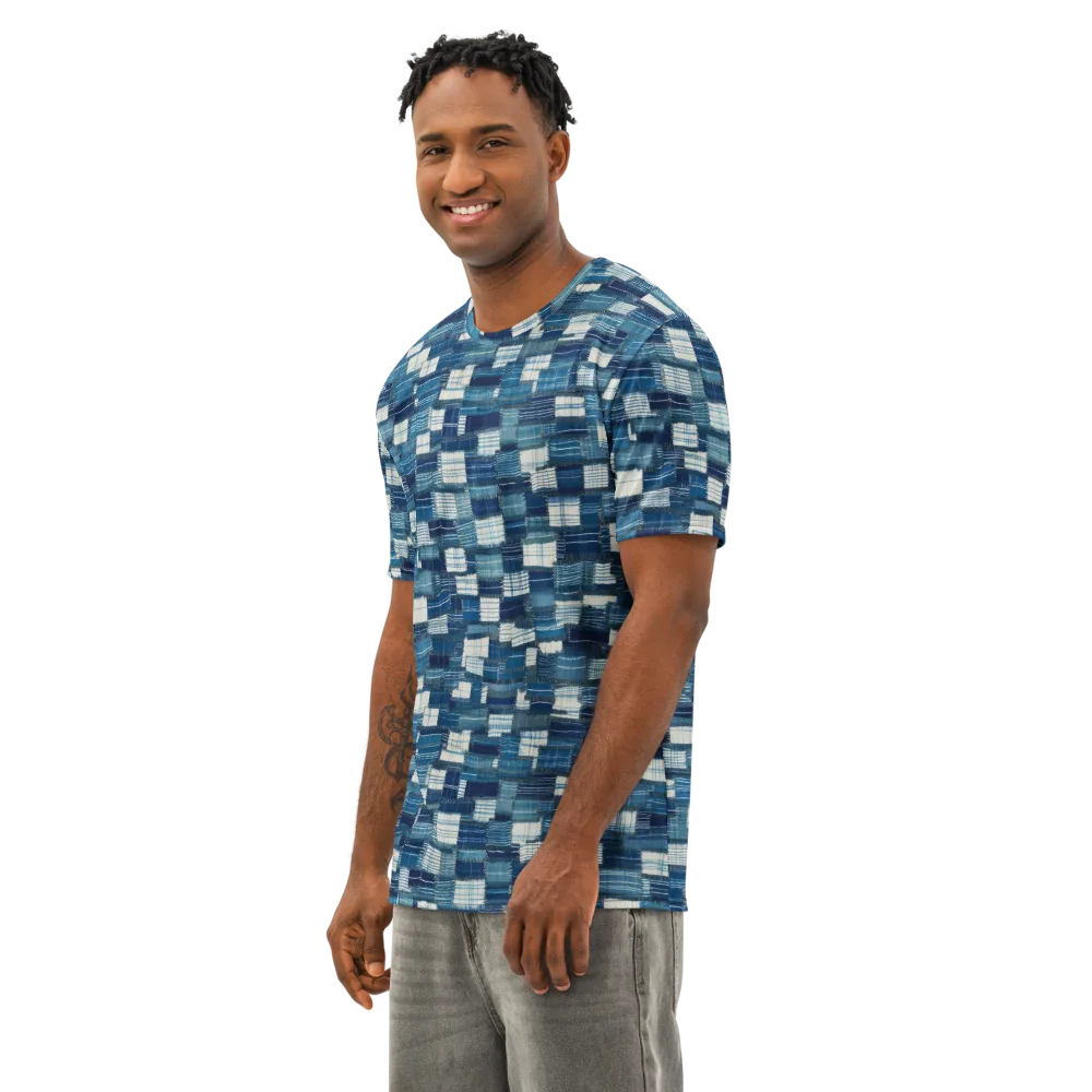 Indigo Patchwork on Men's Cotton Crew Neck T-Shirt — Left Front