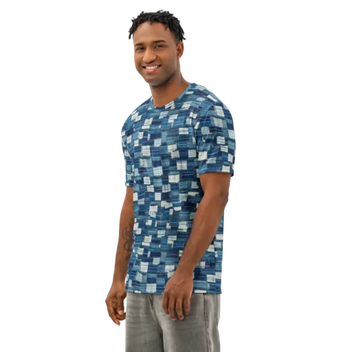 Indigo Patchwork on a Men's Cotton Crew Neck T-Shirt