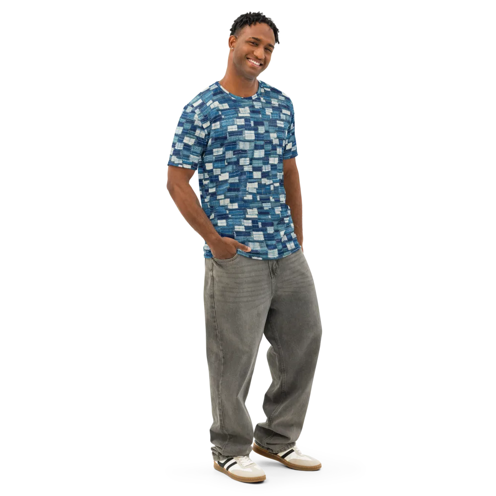 Indigo Patchwork on Men's Cotton Crew Neck T-Shirt — Right Front