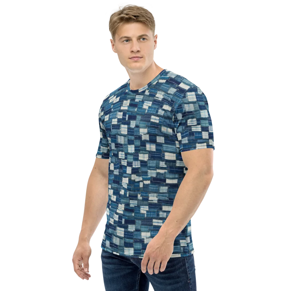 Indigo Patchwork on Men's Crew Neck T-Shirt — Left
