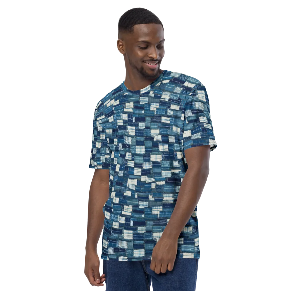 Indigo Patchwork on Men's Crew Neck T-Shirt — Left