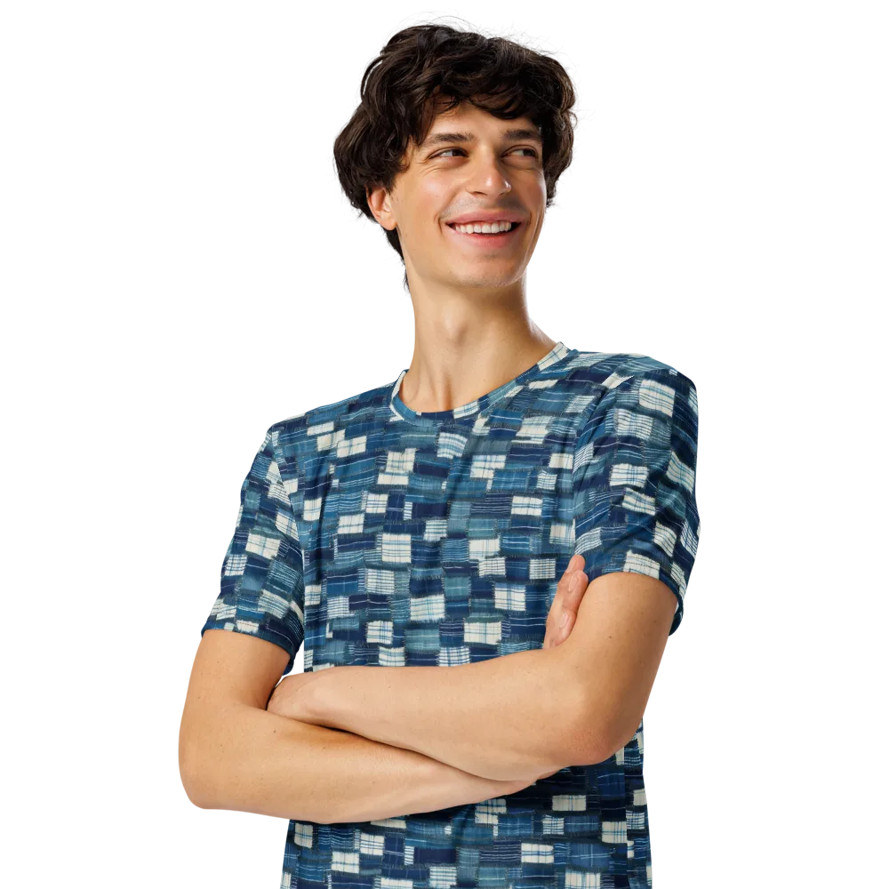 Indigo Patchwork on Men's Crew Neck T-Shirt — Left Front