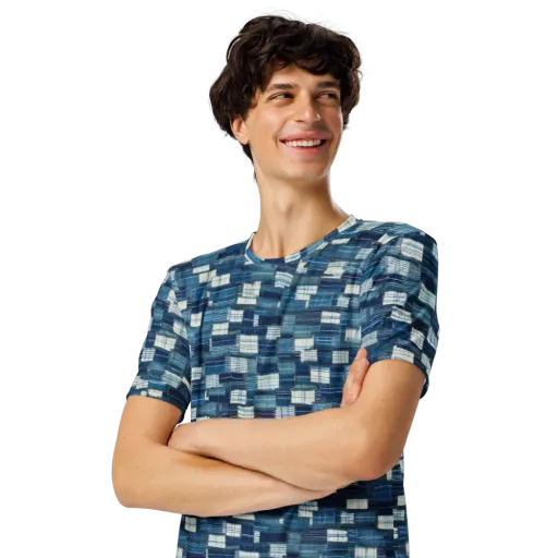 Indigo Patchwork on a Men's Crew Neck T-Shirt