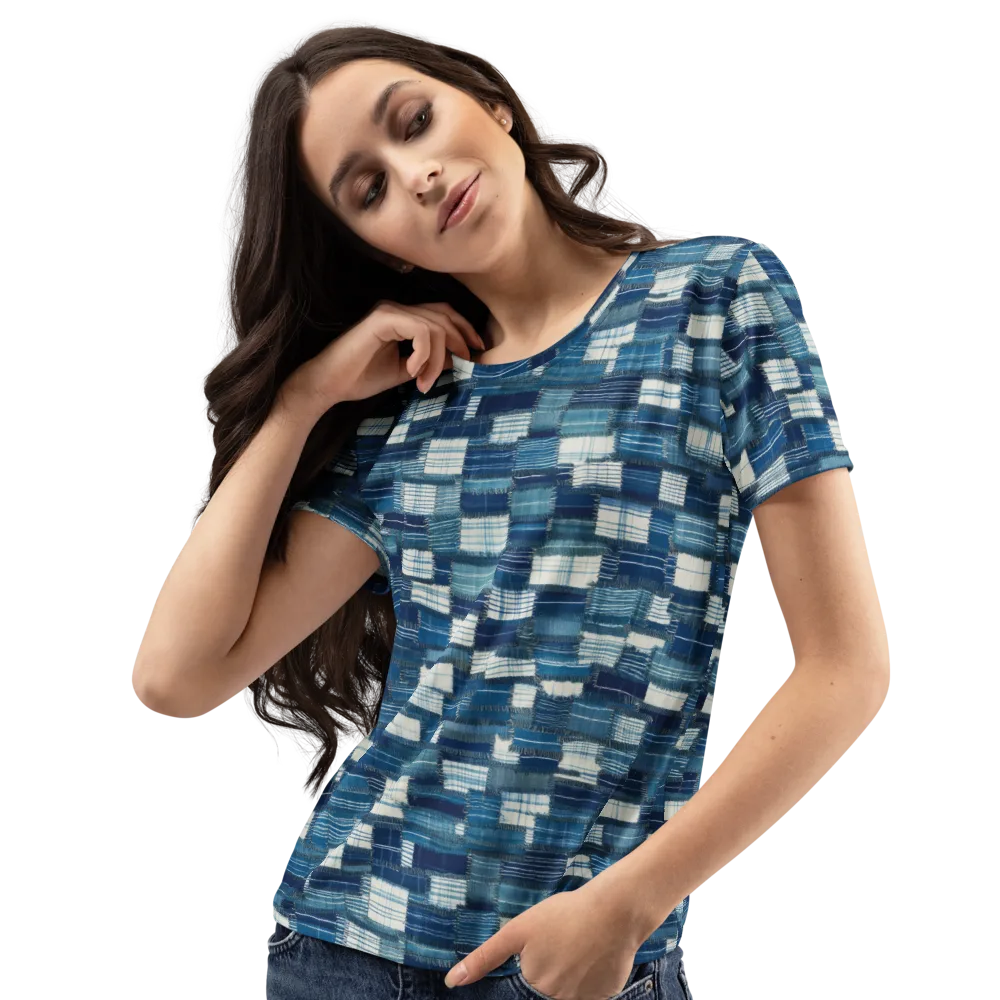 Indigo Patchwork on Women's Crew Neck T-Shirt — Left Front