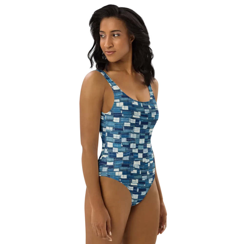 Indigo Patchwork on One-Piece Swimsuit — Right