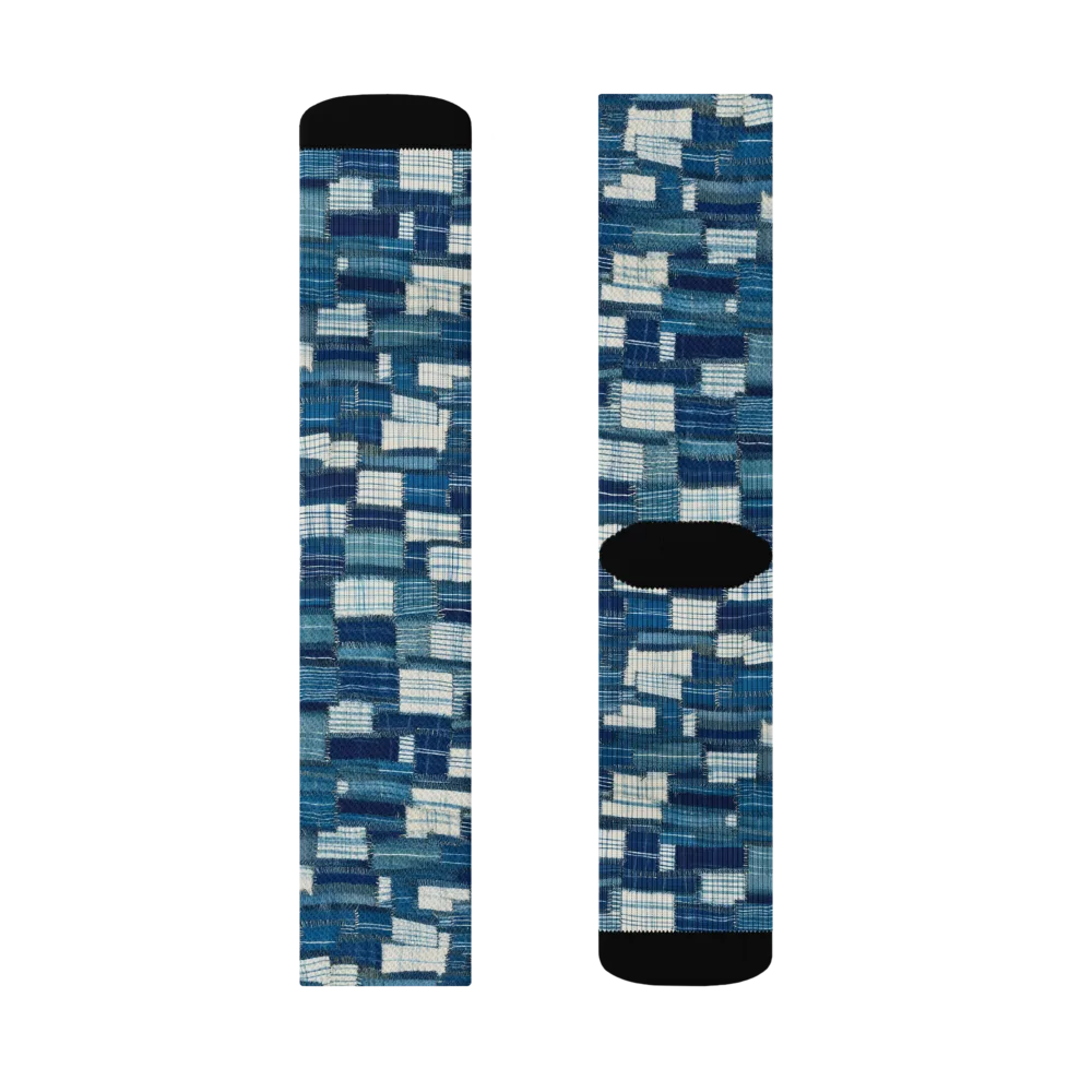 Indigo Patchwork on Socks — Right Sock