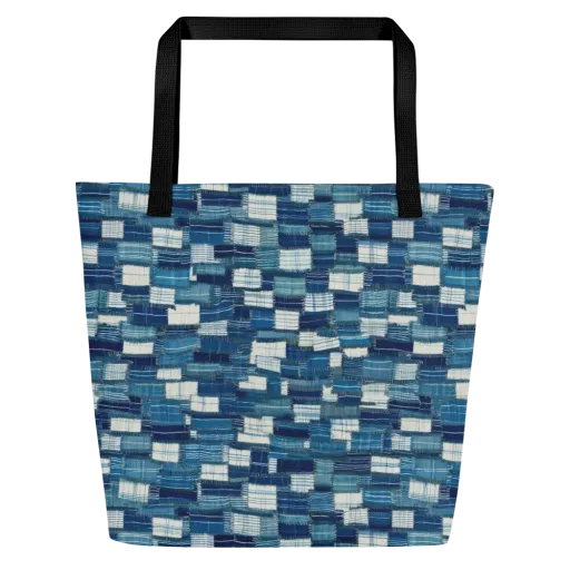 Indigo Patchwork on a Large Tote Bag W/ Pocket