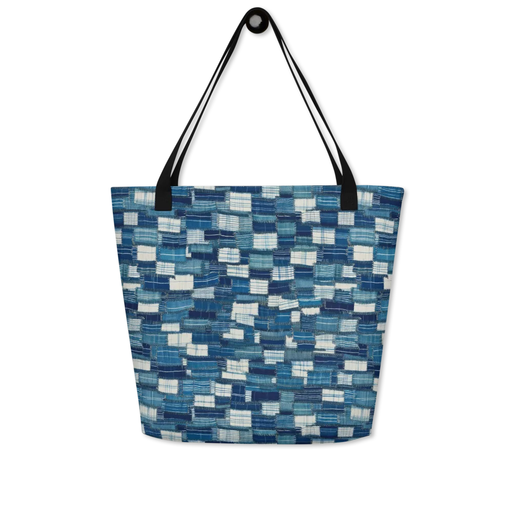 Indigo Patchwork on Large Tote Bag W/ Pocket — Front