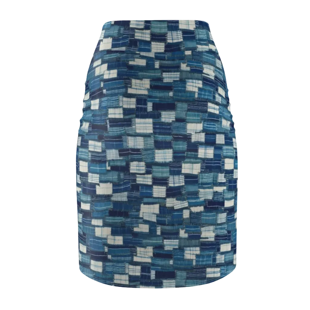 Indigo Patchwork on Pencil Skirt — Back