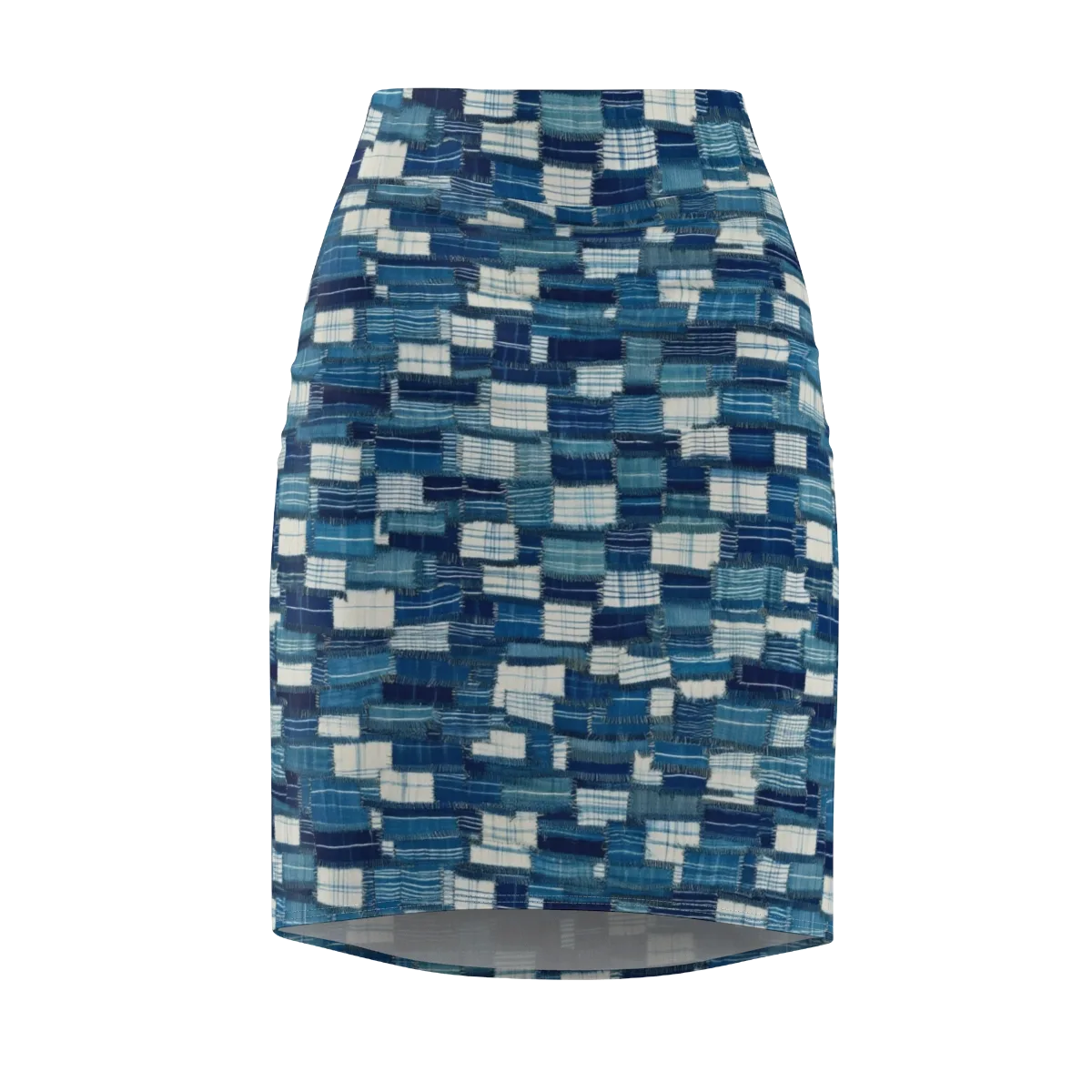 Indigo Patchwork on Pencil Skirt — Front