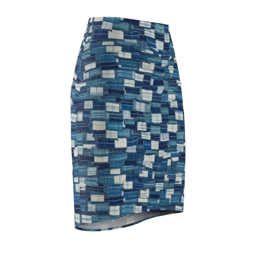 Indigo Patchwork on Pencil Skirt — Front Side