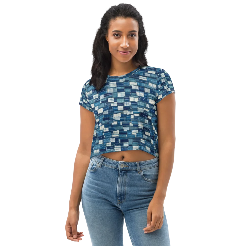 Indigo Patchwork on Crop Tee — Front